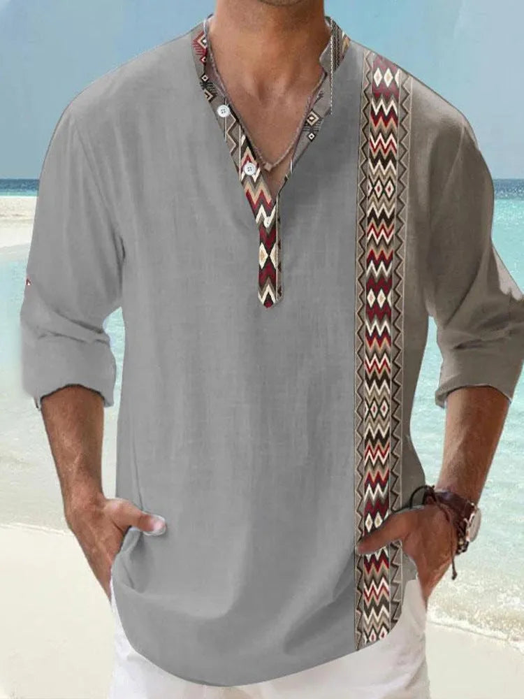 Men's thin digital bamboo linen Hawaiian shirt with stripe pattern in cardigan style