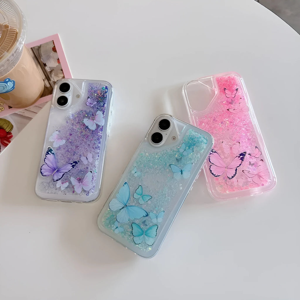Luminous butterfly glitter TPU phone case for Apple iPhone showing purple colour