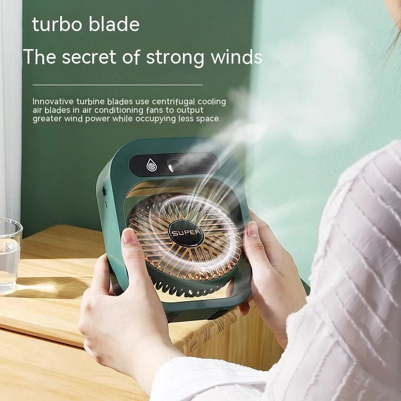 Green USB rechargeable misting fan with 3 speed settings and adjustable head on a desk