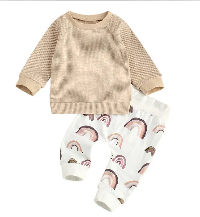 Children's autumn cotton long-sleeve two-piece suit with rainbow pattern in khaki and blue gray options