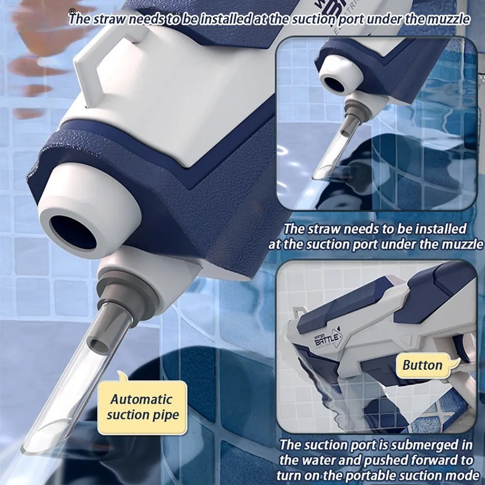 Blue electric water gun with USB charging cable and 358ml water capacity for outdoor play