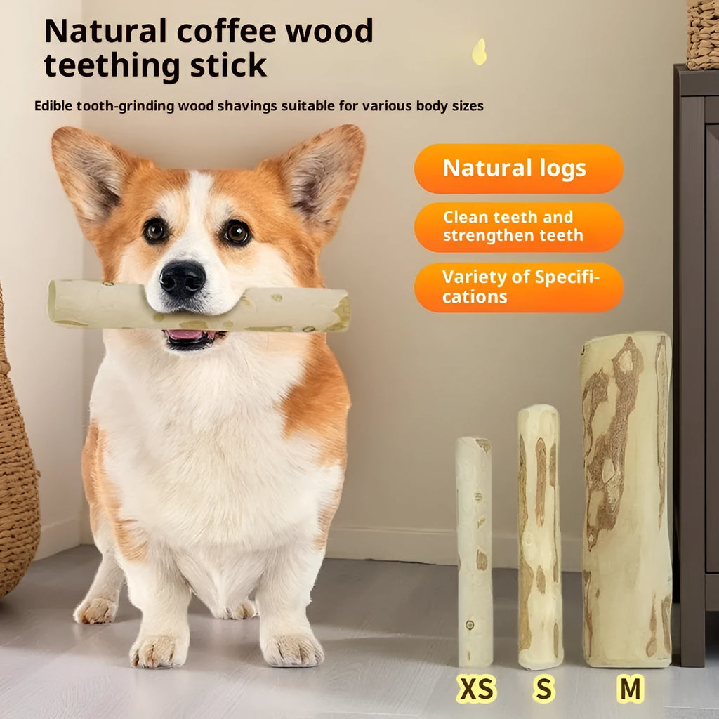Coffee wood dog chew stick in original colour with twisted style on a neutral background