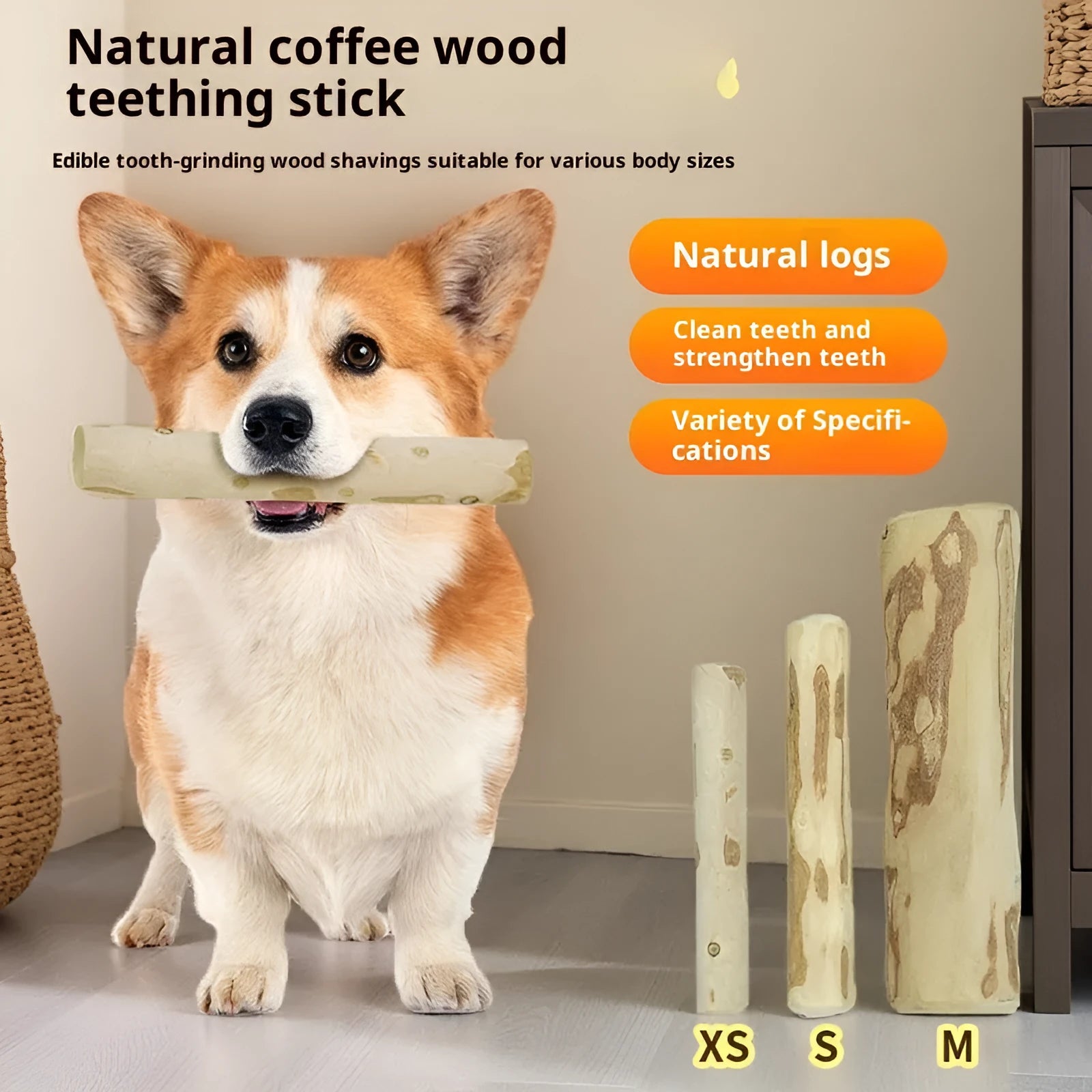 Coffee wood dog chew stick in original colour with twisted style on a neutral background