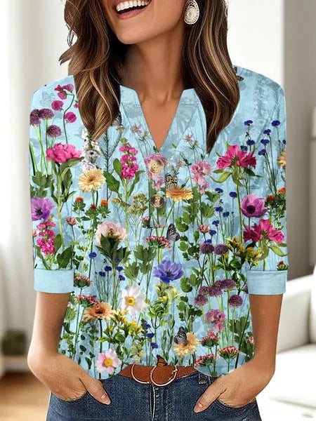 Women's loose-fit casual V-neck top with a 3D printed pattern in Japanese Korean style.