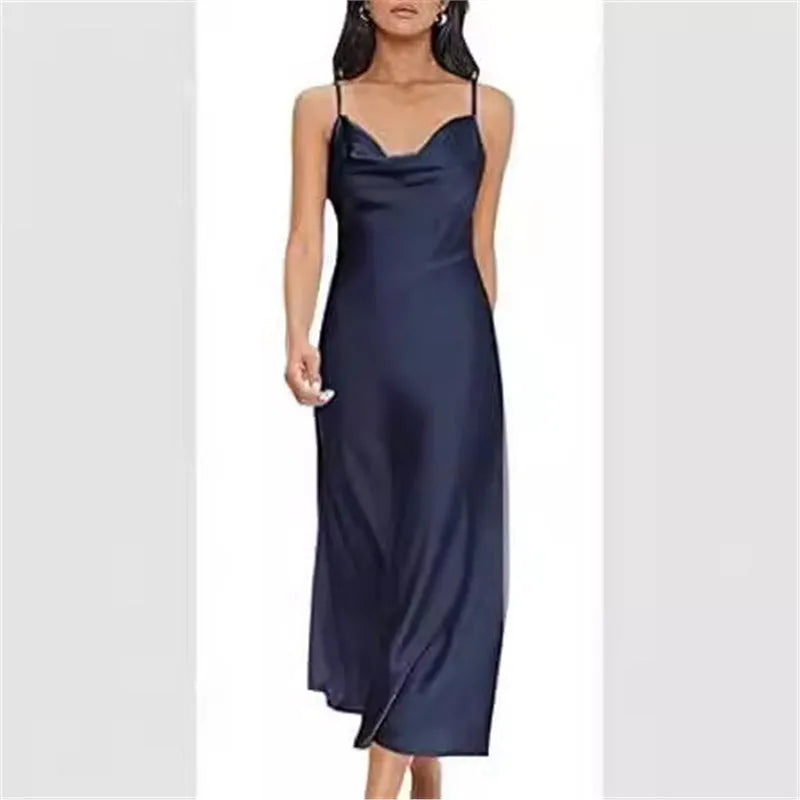 Strap satin open back dress in polyester, sleeveless, wide waist, available in red.