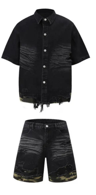 Leopard print denim matching set with short sleeve top and shorts featuring raw cut edge stitching