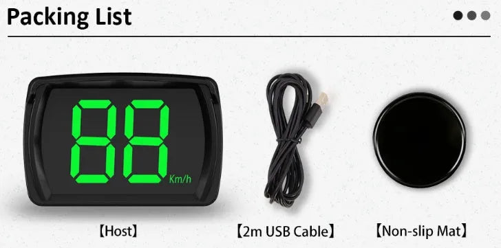 Universal HUD head-up display car speedometer with USB cable, non-slip mat, and ABS housing in white and green colour options