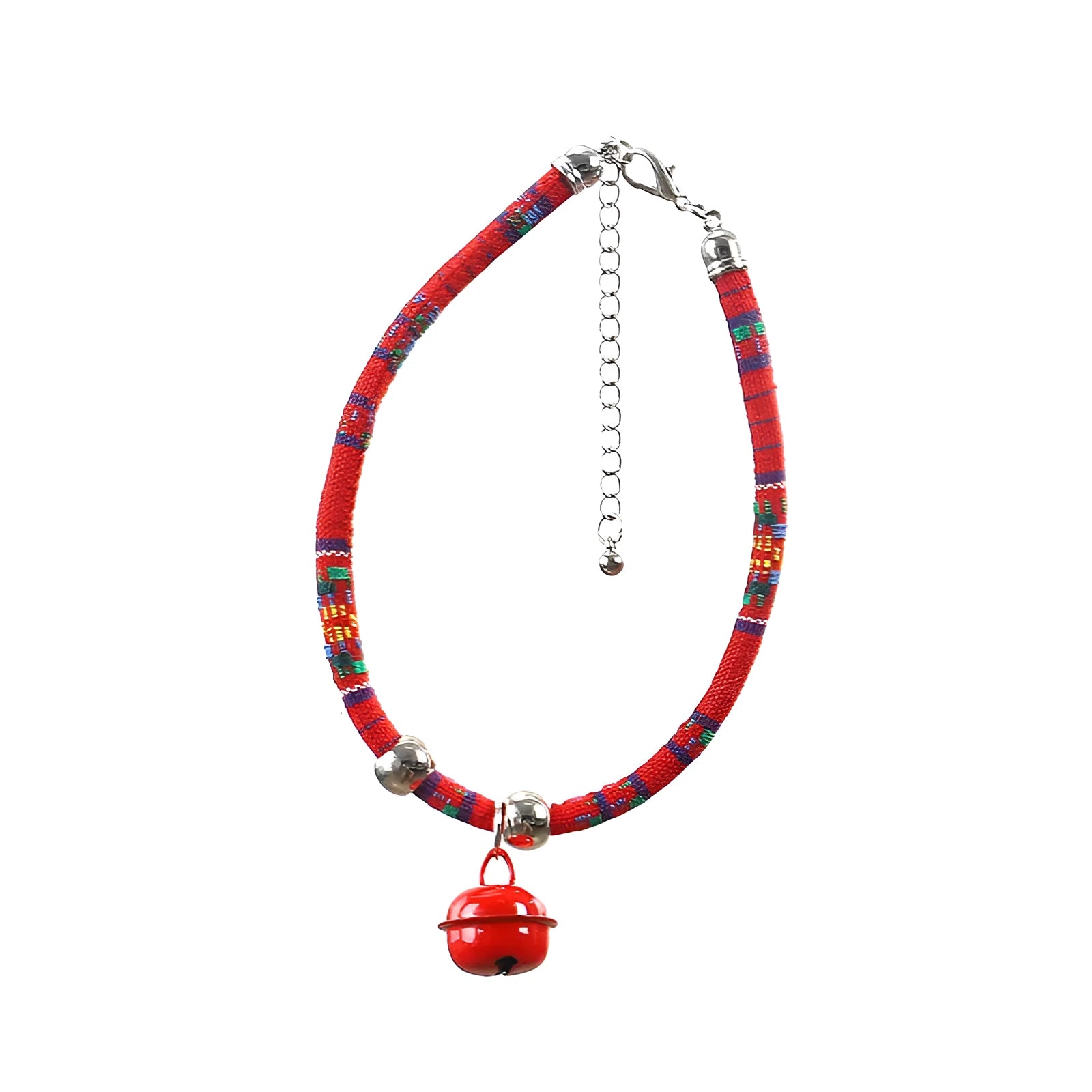 An adjustable ethnic-style pet collar with a metal buckle and bell, shown in various colours.