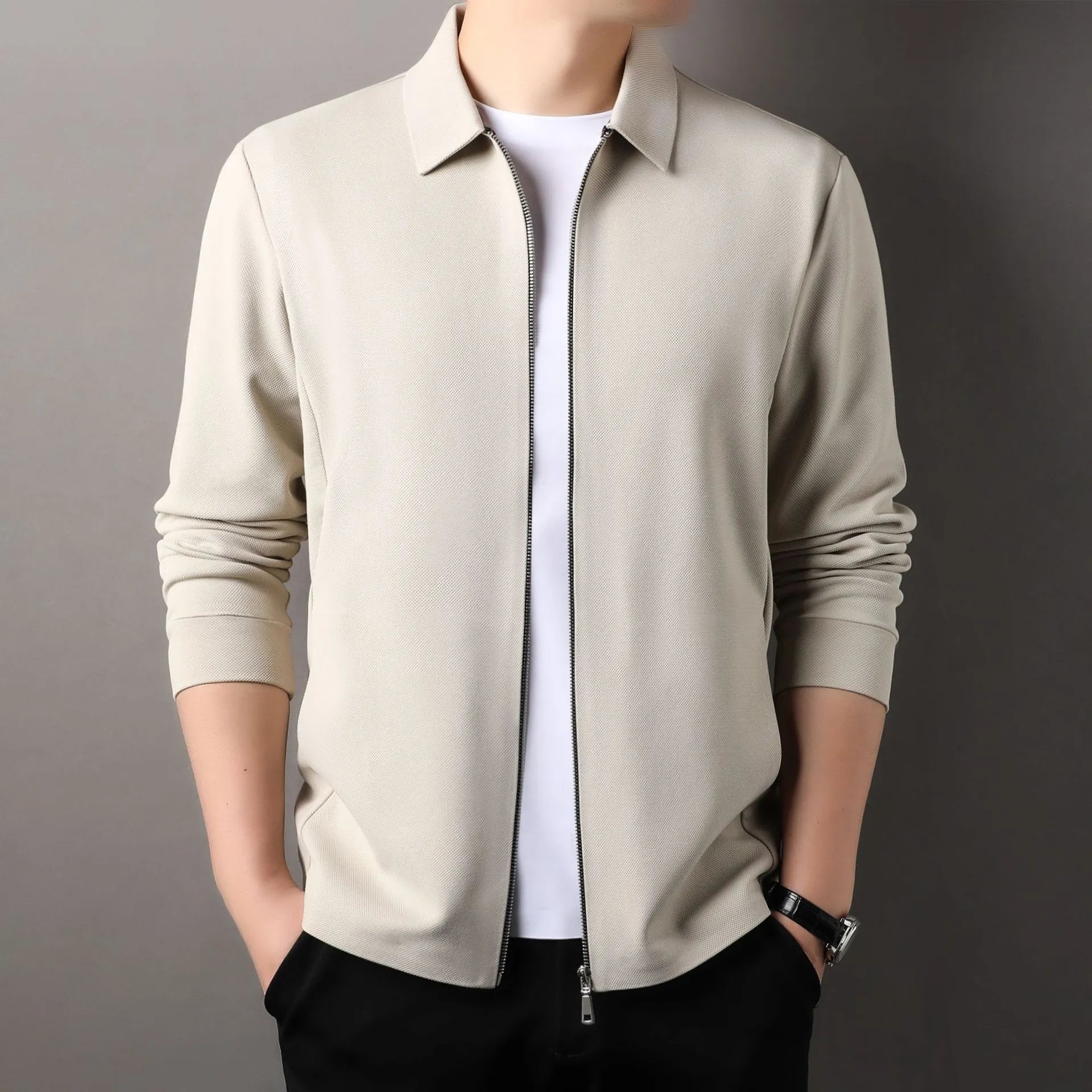 Men's straight-hem polyester jacket in apricot, shown on a hanger.