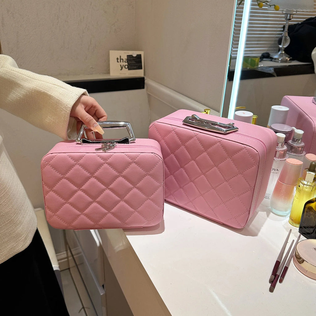 Rhombus-embroidery design cosmetic bag with handle and mirror, available in multiple colours, PU material, large capacity