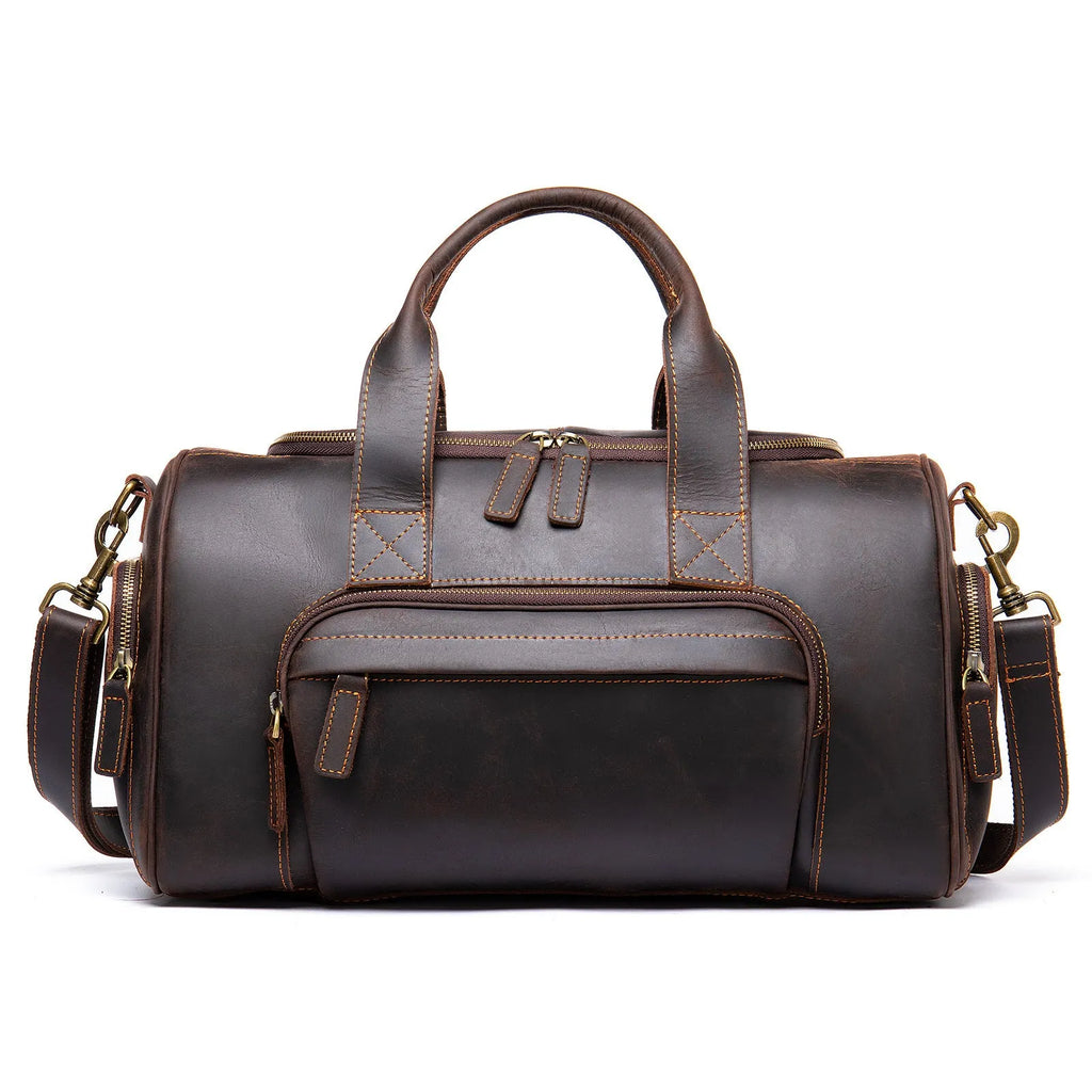 Leather retro men's hand luggage bag large capacity coffee colour soft strap