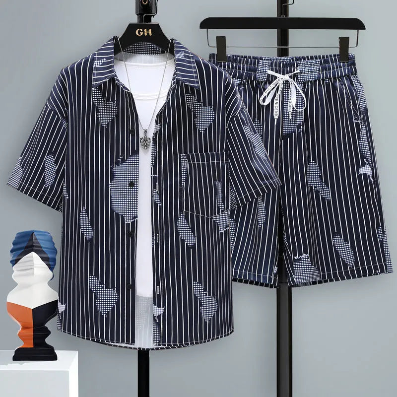 Men's casual polyester short sleeve top and matching shorts two-piece set in assorted colours