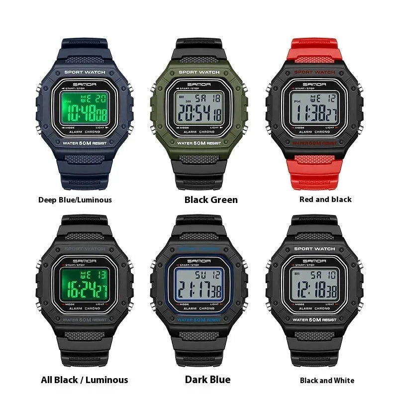 Youth waterproof electronic watch with alarm in six colour options