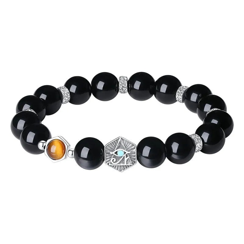 Men's retro sterling silver bracelet with God's Eye obsidian stone in geometric 8mm setting