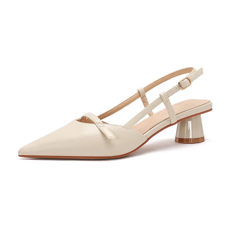 Women's chunky heel pointed sandals in beige with leather-look stitching and rubber sole