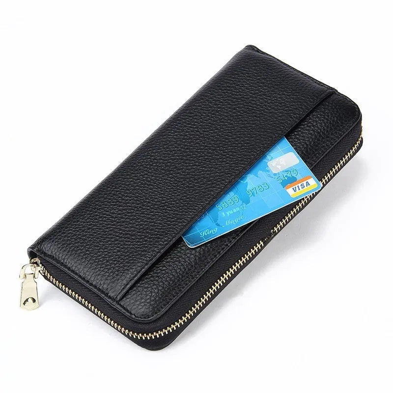 Long genuine leather women's wallet in a choice of six colours, showing large capacity and anti-theft card feature.