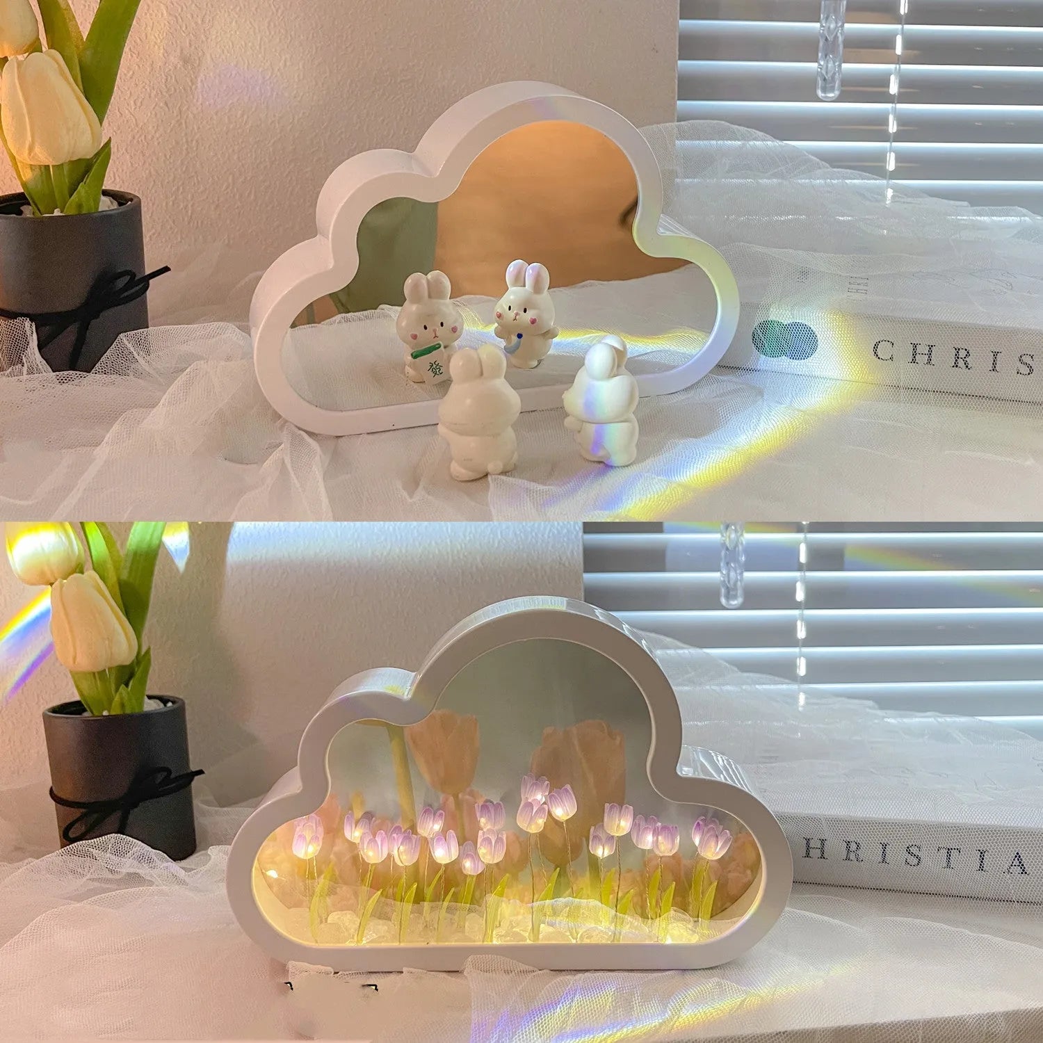 DIY cloud tulip decorative night lamp with LED lights and mirror surface for bedroom or desk