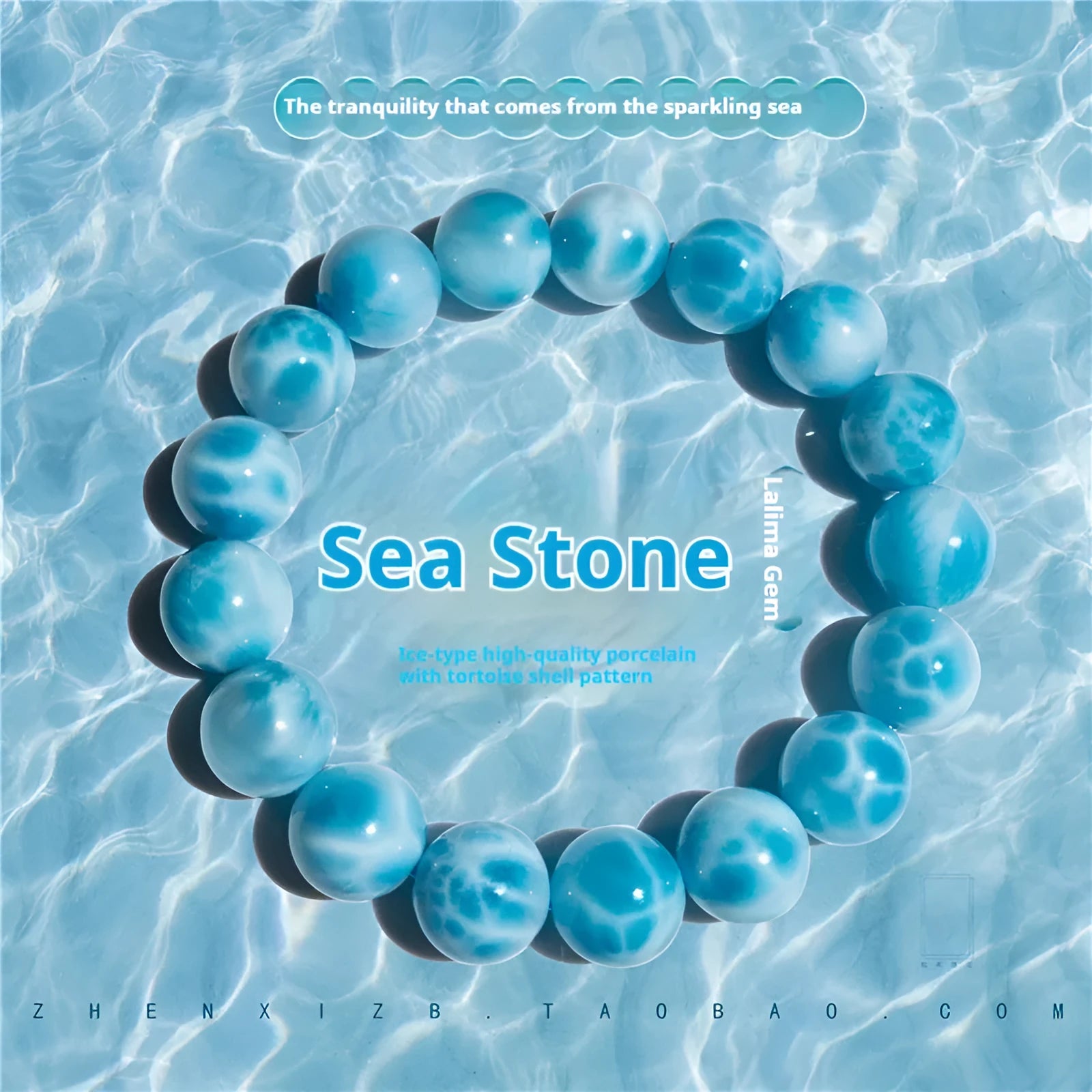 Blue Bodhi bracelet with natural sea-pattern crystal stones and pearl details in Maillard style.