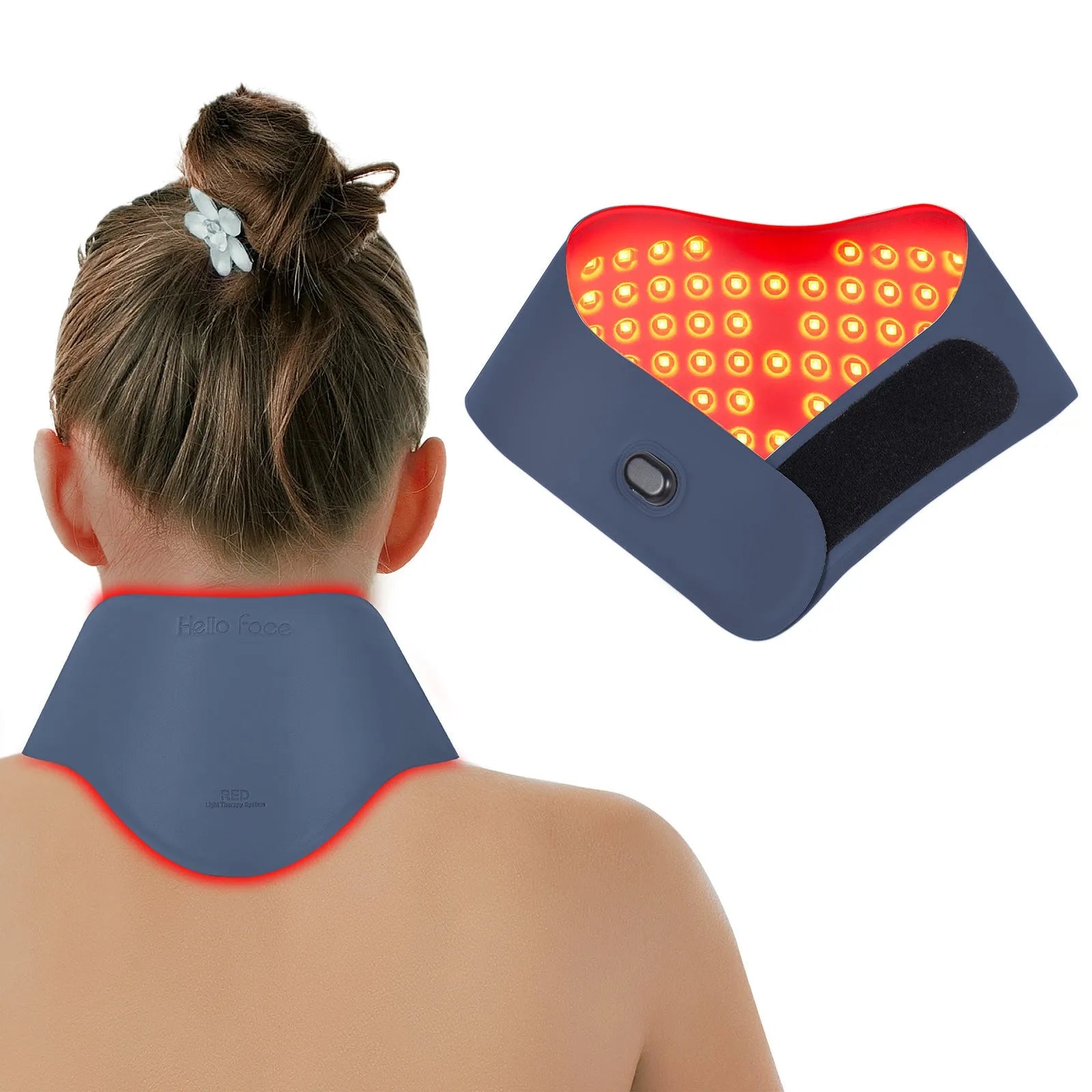 Deep sky blue neck massager mask with controller for red light hot compress and pulse physiotherapy