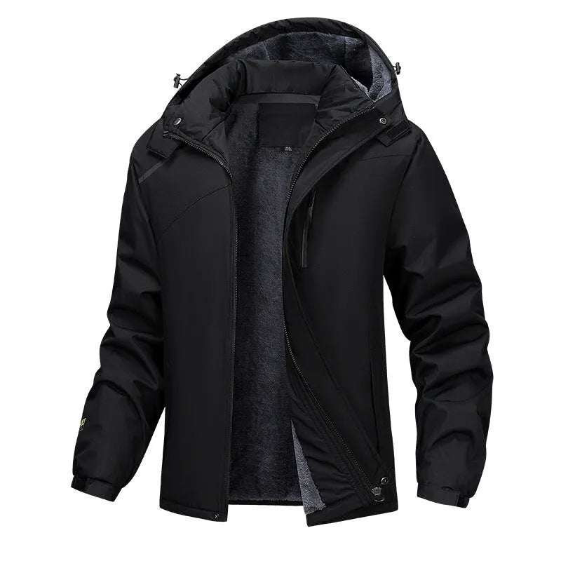 A man's loose-fit plus-size hooded coat in Army Green colour, made from waterproof polyester fabric.
