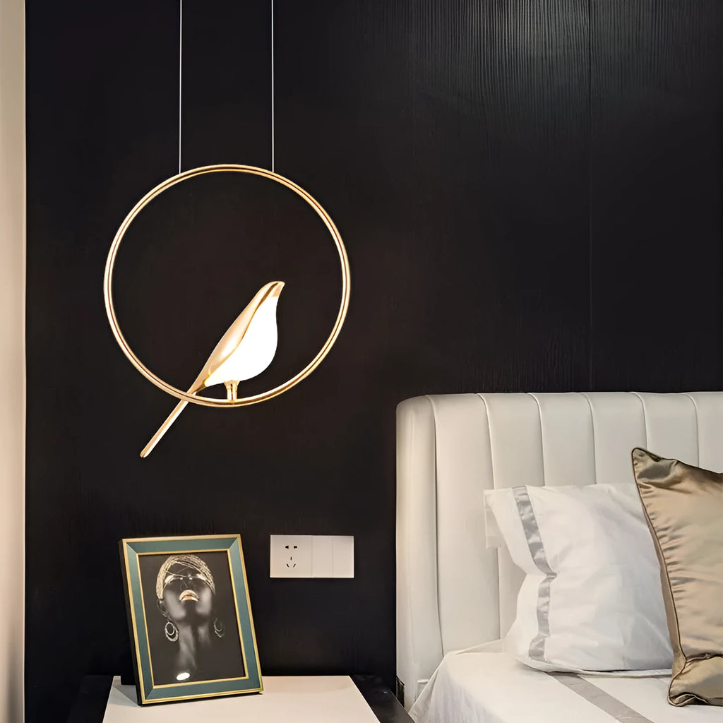 Modern minimalist magpie bird silhouette chandelier made of zinc alloy and clear acrylic, 150cm tall.