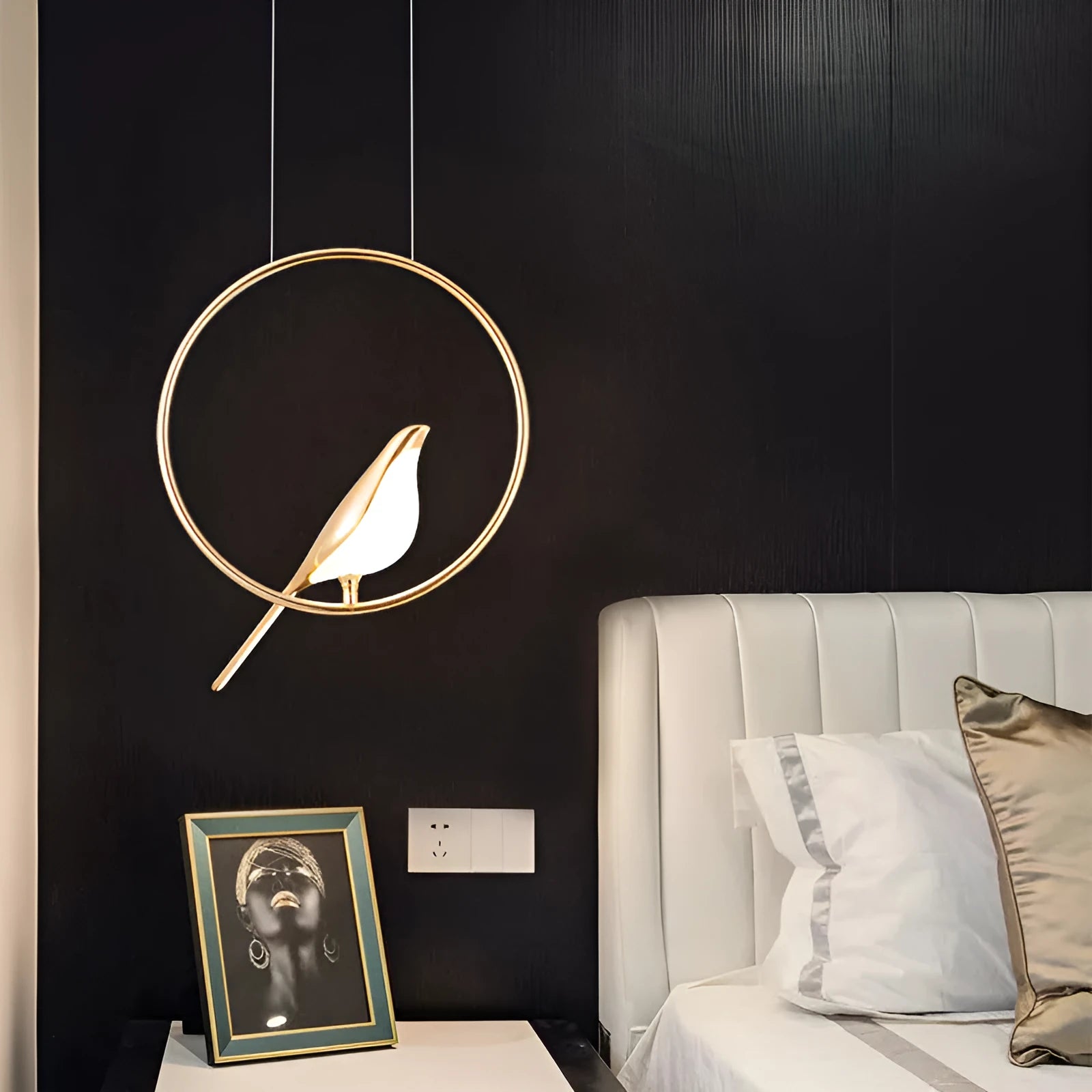 Modern minimalist magpie bird silhouette chandelier made of zinc alloy and clear acrylic, 150cm tall.