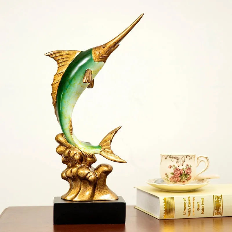 European swordfish resin and plastic decorative ornament in choice of colours on a shelf.