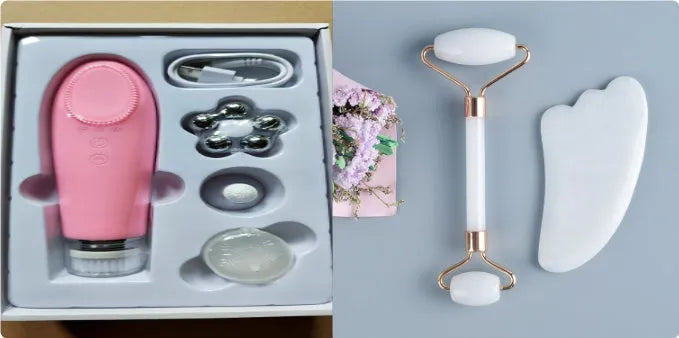 White jade facial roller and gua sha tool set with rose quartz board on a neutral background.