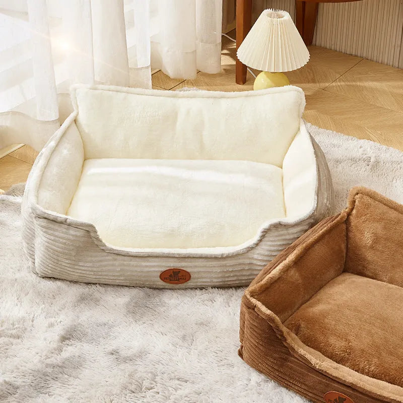 Removable cover pet bed in sofa style for small and medium dogs, shown in coffee colour