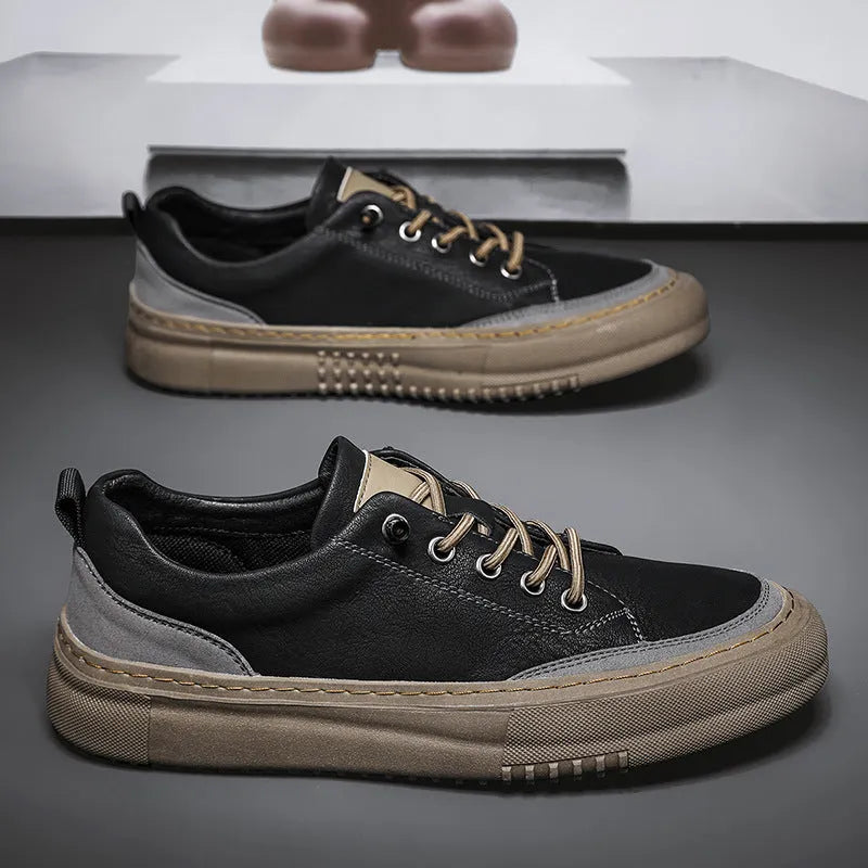 Men's black round toe leather board shoes with lace-up front and rubber sole