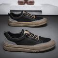 Men's black round toe leather board shoes with lace-up front and rubber sole