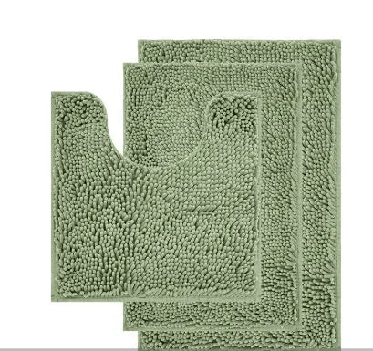Chenille long hair three-piece bathroom mat set showing square, rectangular, and U-shaped pieces in a modern colour.