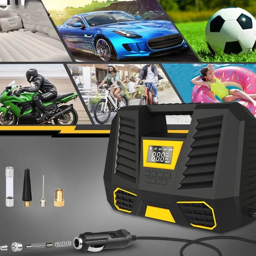Carsun 100W 12V car air pump with digital display and 3m power cable on a garage floor