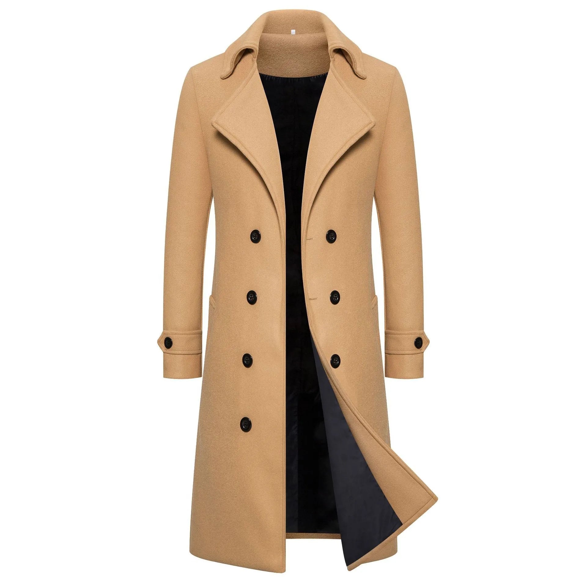 Men's long double breasted trench coat in khaki with side seam pockets, slim fit, cotton blend, sizes M to 5XL