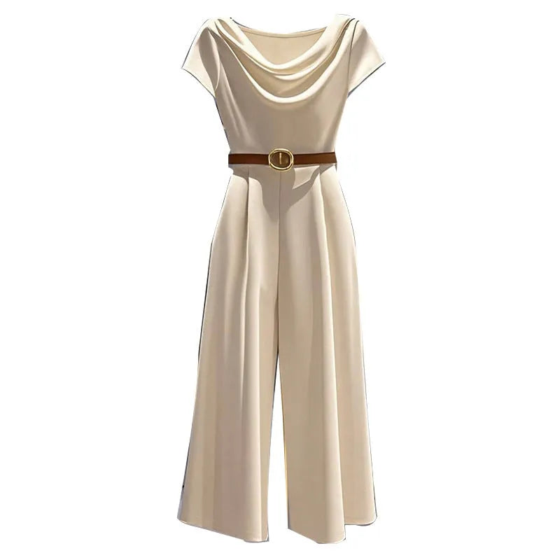 Womens satin jumpsuit in apricot with wide legs quarter sleeves and splicing detail