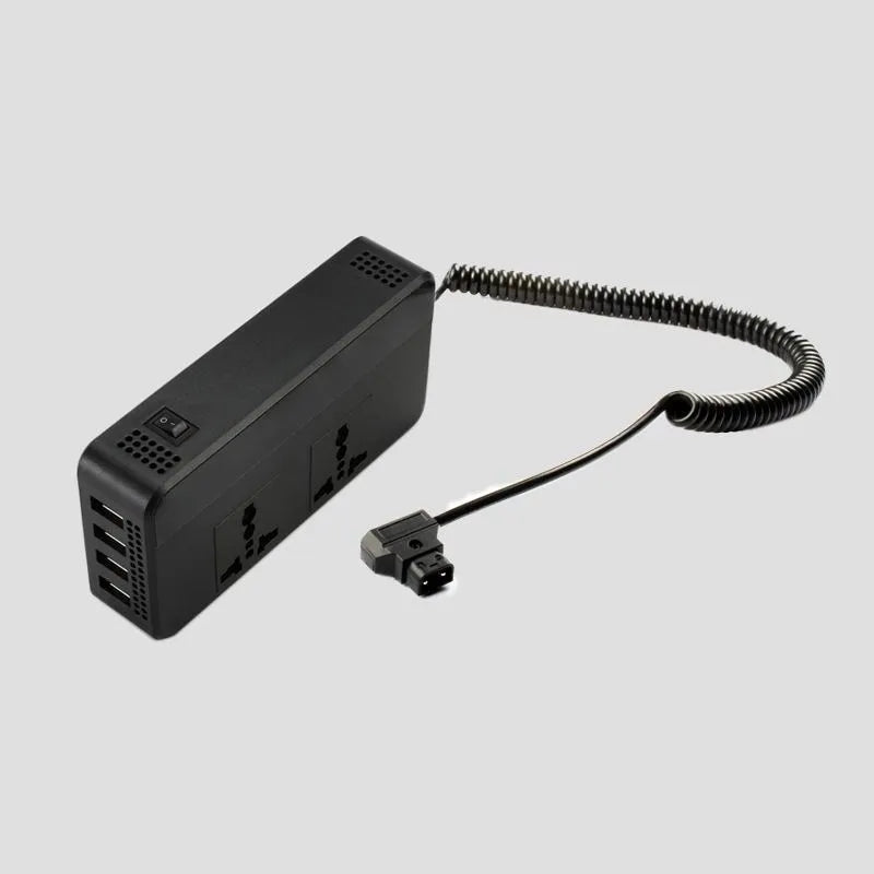 Black PC fireproof housing car power inverter with 220V AC socket and USB port, dimensions 149x74x35mm