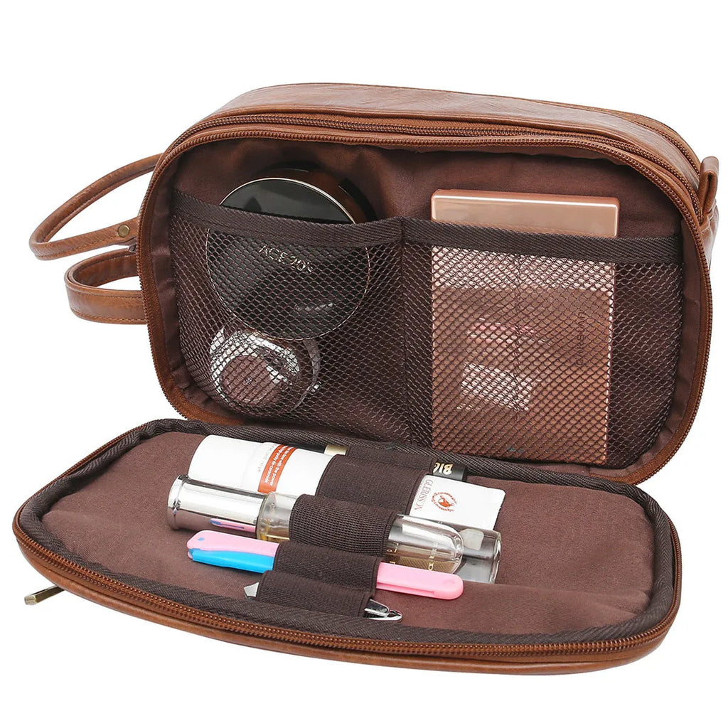 Men's black and brown Pu leather toiletry bags with zip closure for travel storage