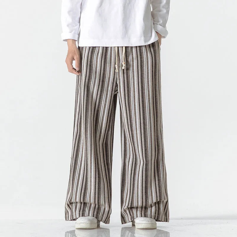 Vintage stripe loose straight mopping trousers in cotton blend fabric showing straight leg opening