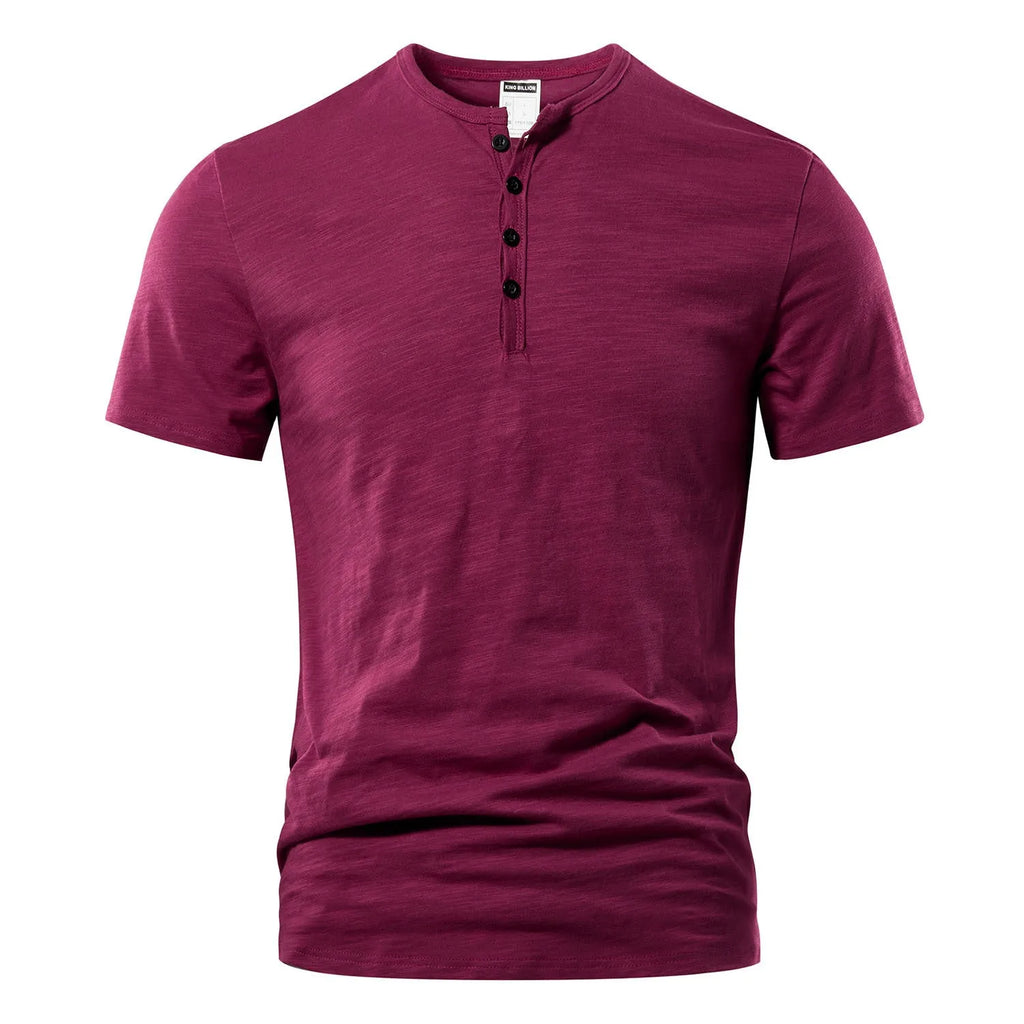 Men's solid colour slub cotton short sleeve T-shirt on a hanger.