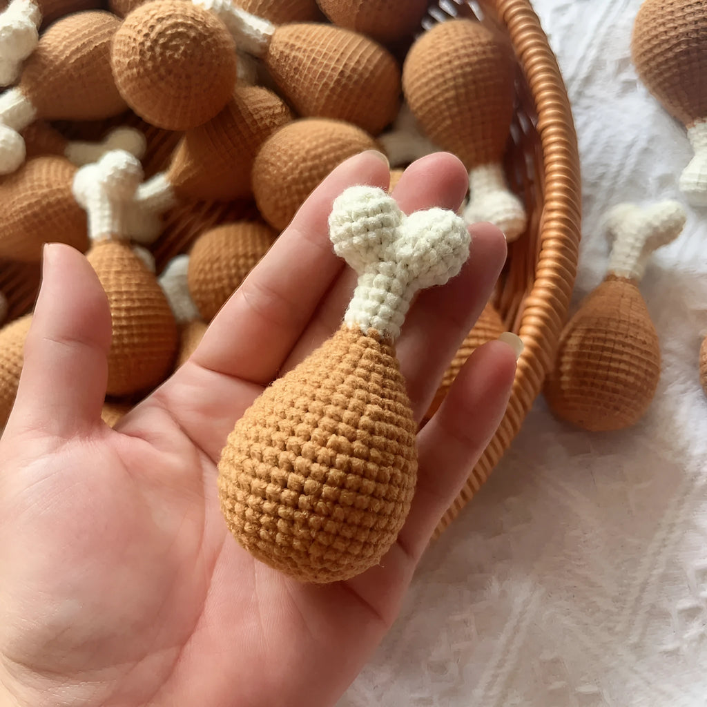Handmade crocheted chicken leg key chain pendant in colourful plush yarn