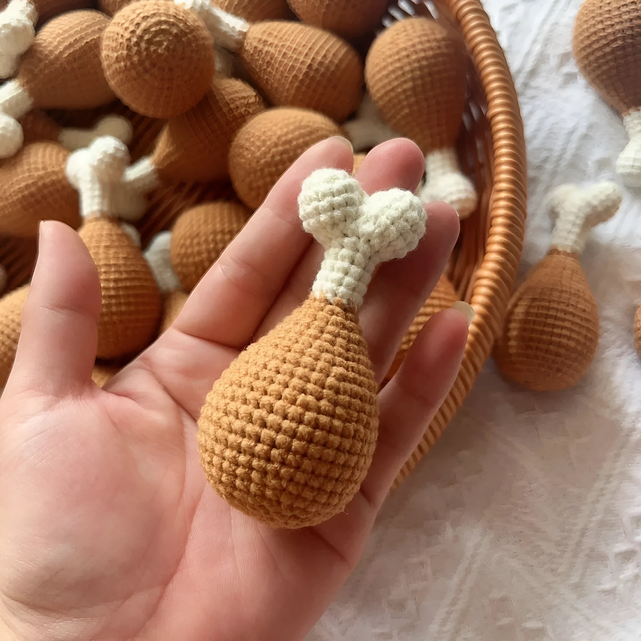 Handmade crocheted chicken leg key chain pendant in colourful plush yarn