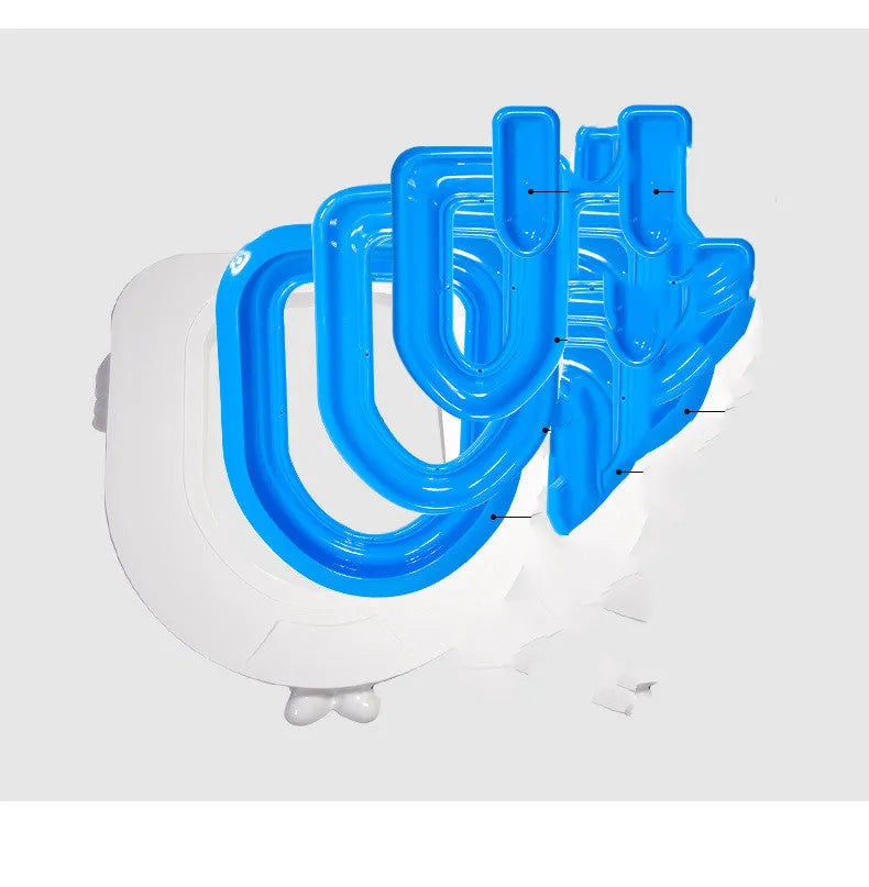 Blue PP cat toilet trainer measuring 415x423x420mm on a standard toilet seat