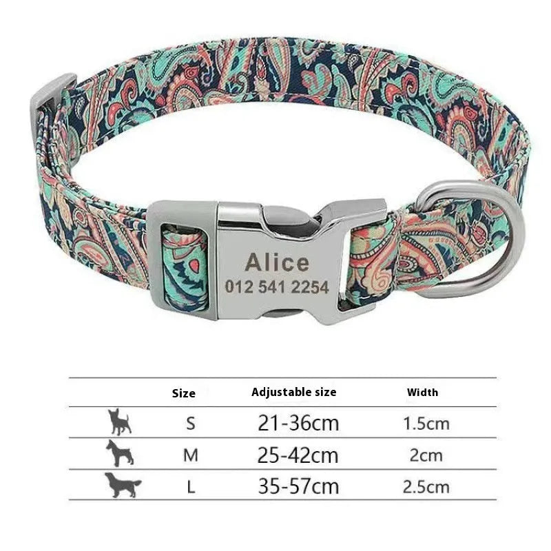 Striped canvas dog collar with semi-metal buckle in bohemian blue colour with adjustable sizing.