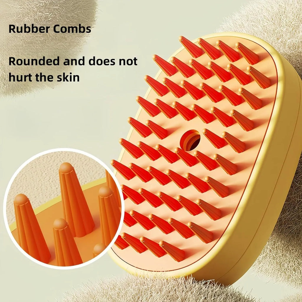 White and yellow rechargeable steam brush for grooming dogs and cats