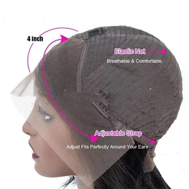 A woman wearing a real human hair lace front wig with a 4x4 lace closure, showcasing long, styled hair.