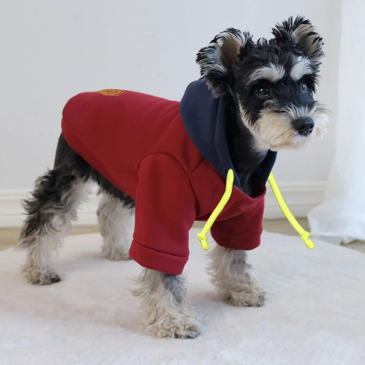Dark red polyester hooded pullover for dogs with British-style hoodie design