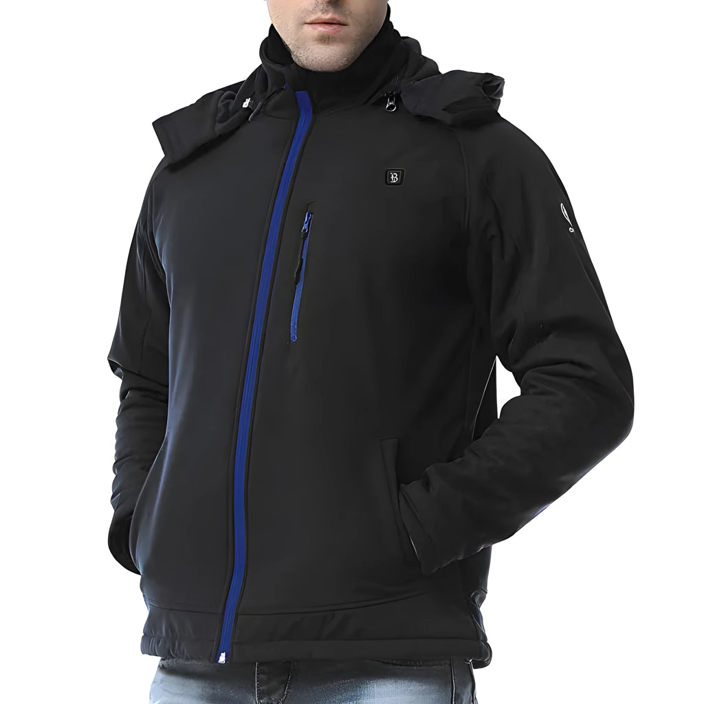 Black USB heated winter waterproof windproof coat for men with long sleeves and straight hem design