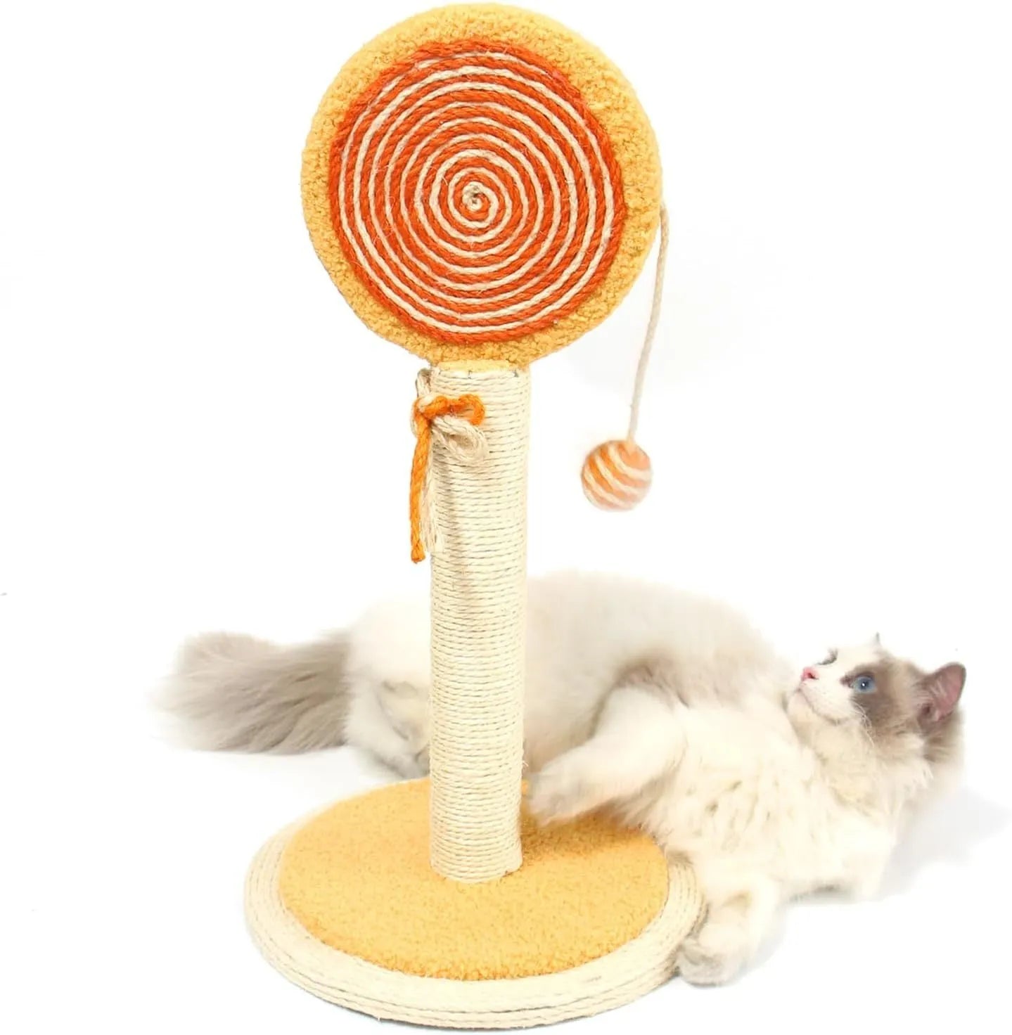 Blue cat scratching post with sisal rope and a hanging yellow ball on a sturdy wooden base.