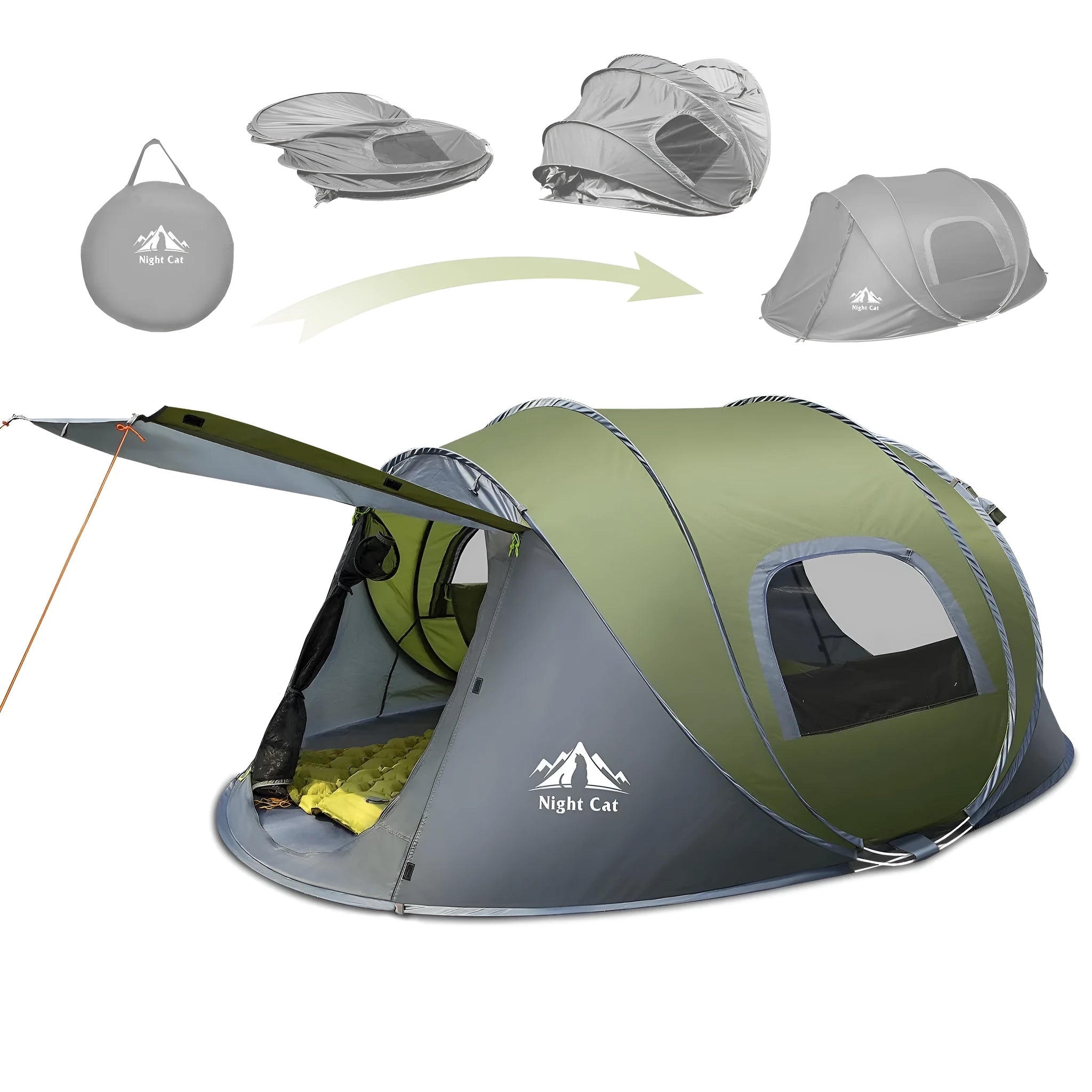 Dark green automatic instant pop-up camping tent for two people with dimensions 2.9m long x 2m wide