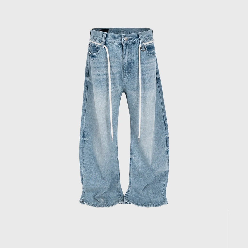 Blue vintage washed denim trousers with drawstring waist and straight-leg cut